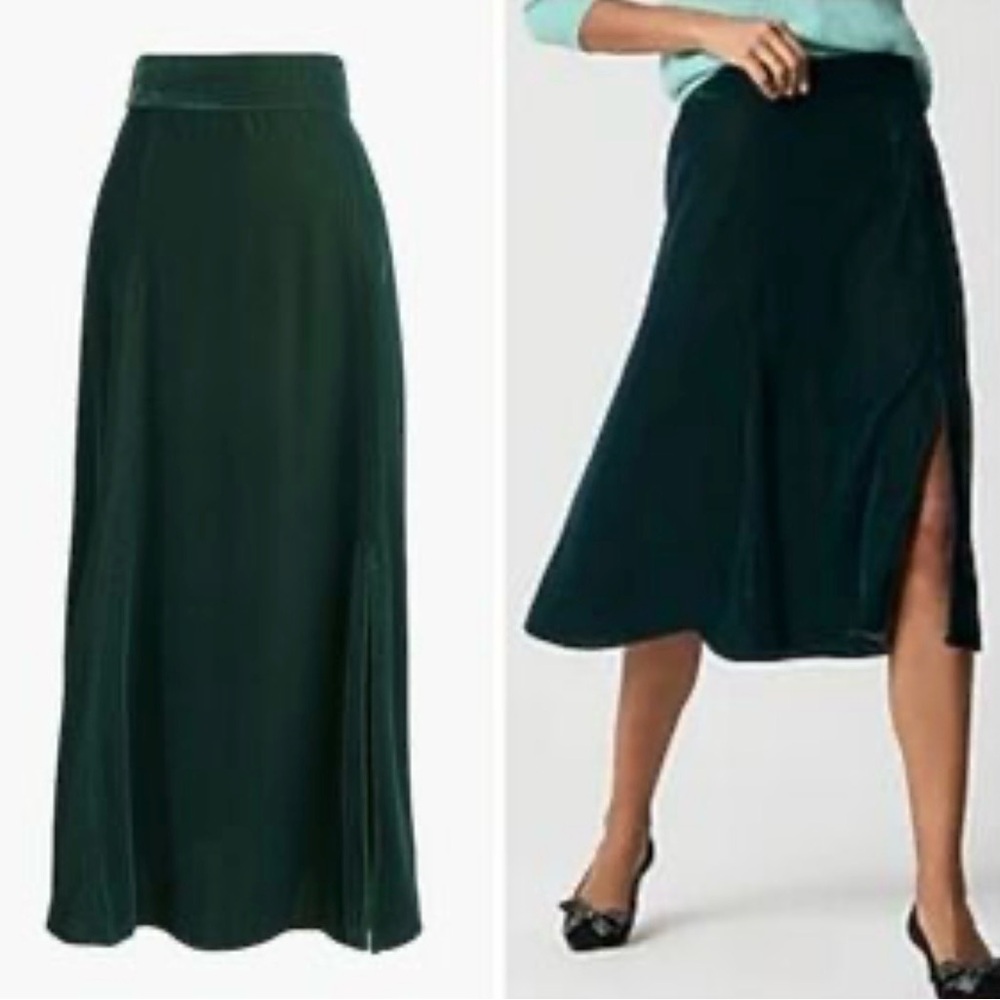J. Crew Dark Green Velvet Midi Skirt with Side Slit